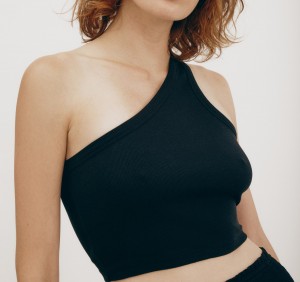 Organic Basics ORGANIC COTTON Core Rib One Shoulder Crop Top Zwart | 57482-KUYR