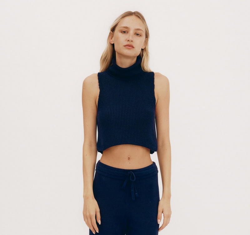 Organic Basics ORGANIC COTTON True Knit Mouwloos Turtleneck Donkerblauw | 47921-YBNX