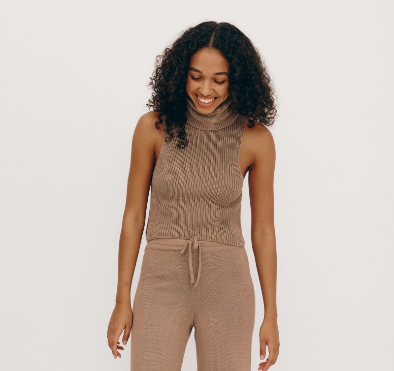 Organic Basics ORGANIC COTTON True Knit Mouwloos Turtleneck Almond | 45762-EUHJ